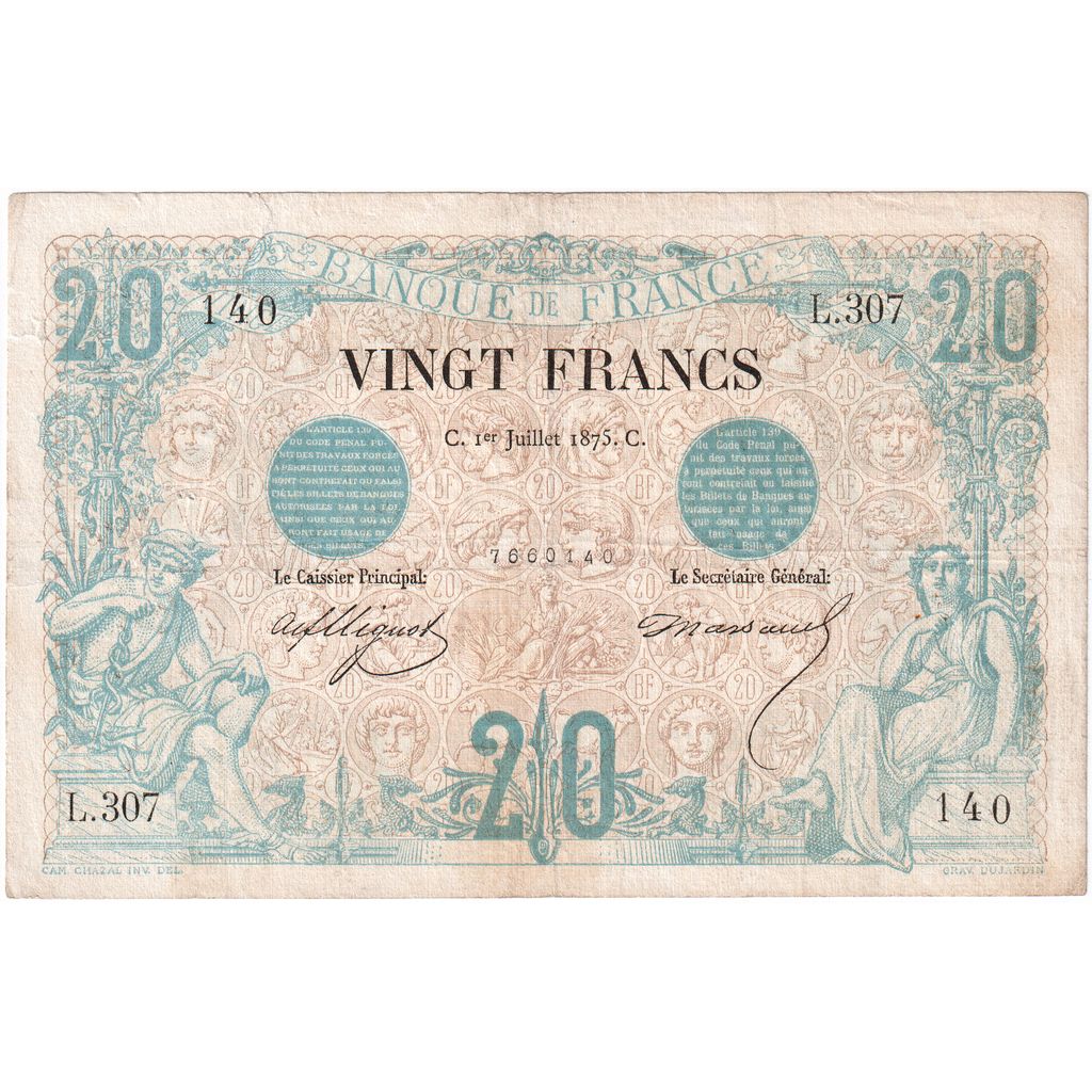 France, 20 Francs, Noir, 1875-07-01, L.307, EF(40-45)