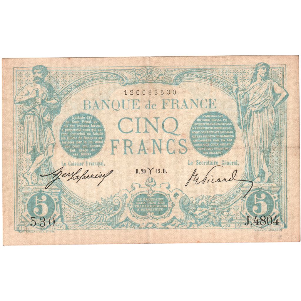 Francia, 5 Francs, Bleu, 1915-03-20, J.4804, MBC