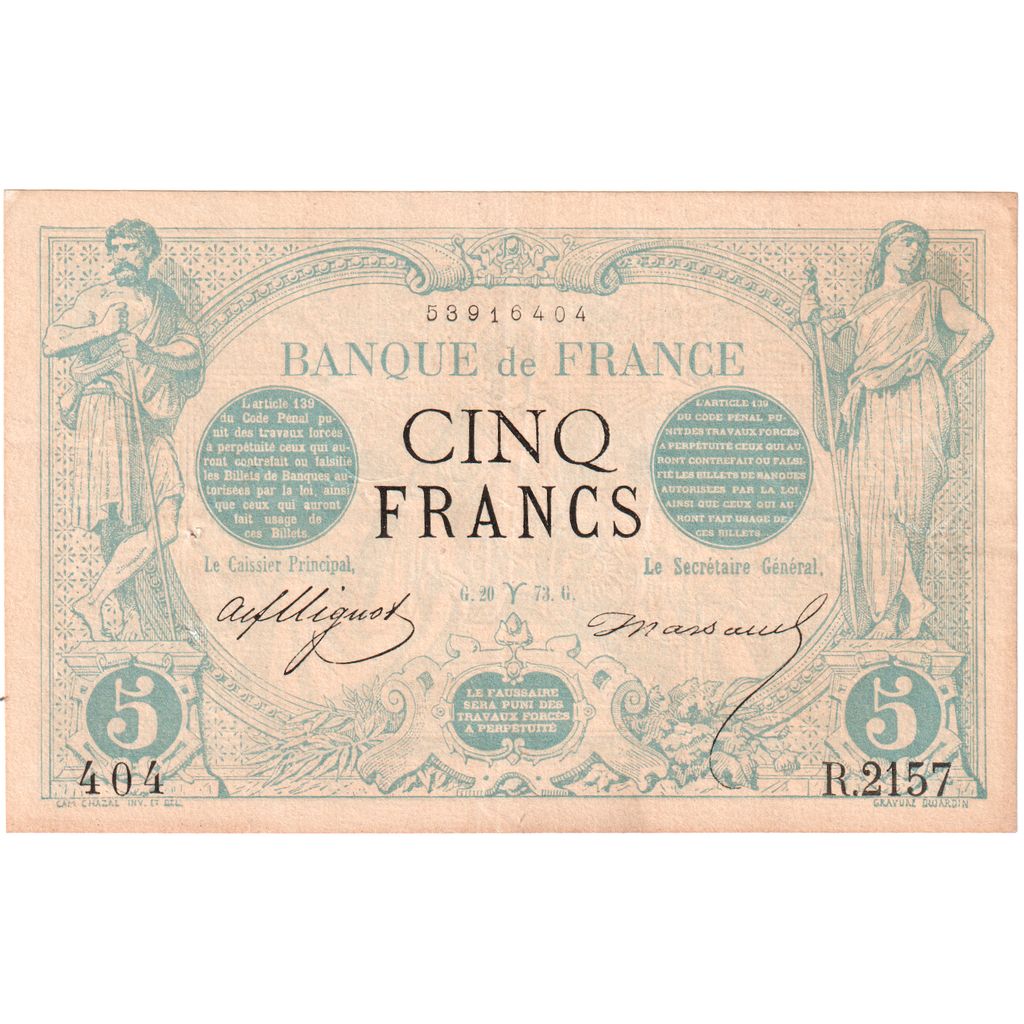 France, 5 Francs, Noir, 1873-03-20, R.2157, AU(50-53)