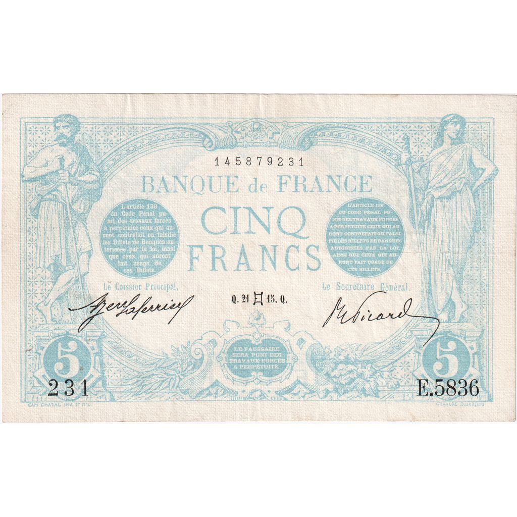 France, 5 Francs, Bleu, 1915-05-21, E.5836, TTB+
