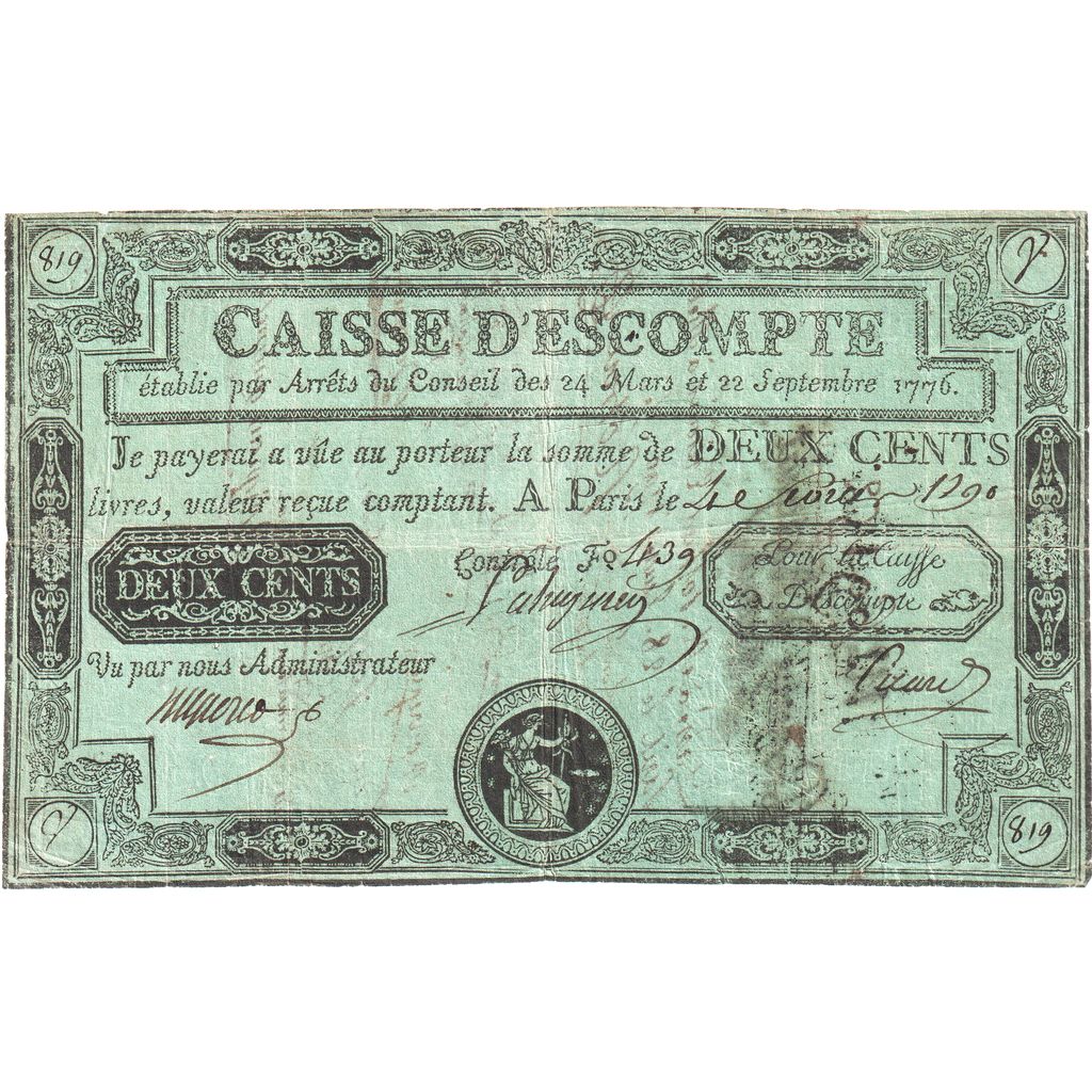 France, 200 Livres, 1790-02-04, G, Caisse d'Escompte, VF(30-35)