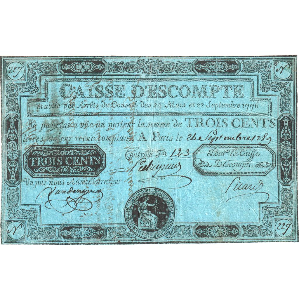 Francja, 300 Livres, 1789-09-22, N, Caisse d'Escompte, VF(30-35)