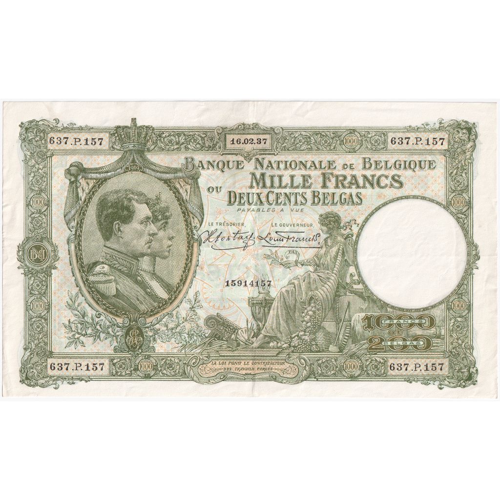 België, 1000 Francs-200 Belgas, 1937-02-16, TTB+