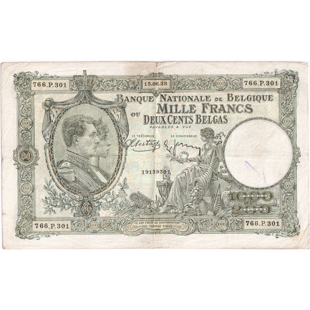 België, 1000 Francs-200 Belgas, 1938-06-15, TB+