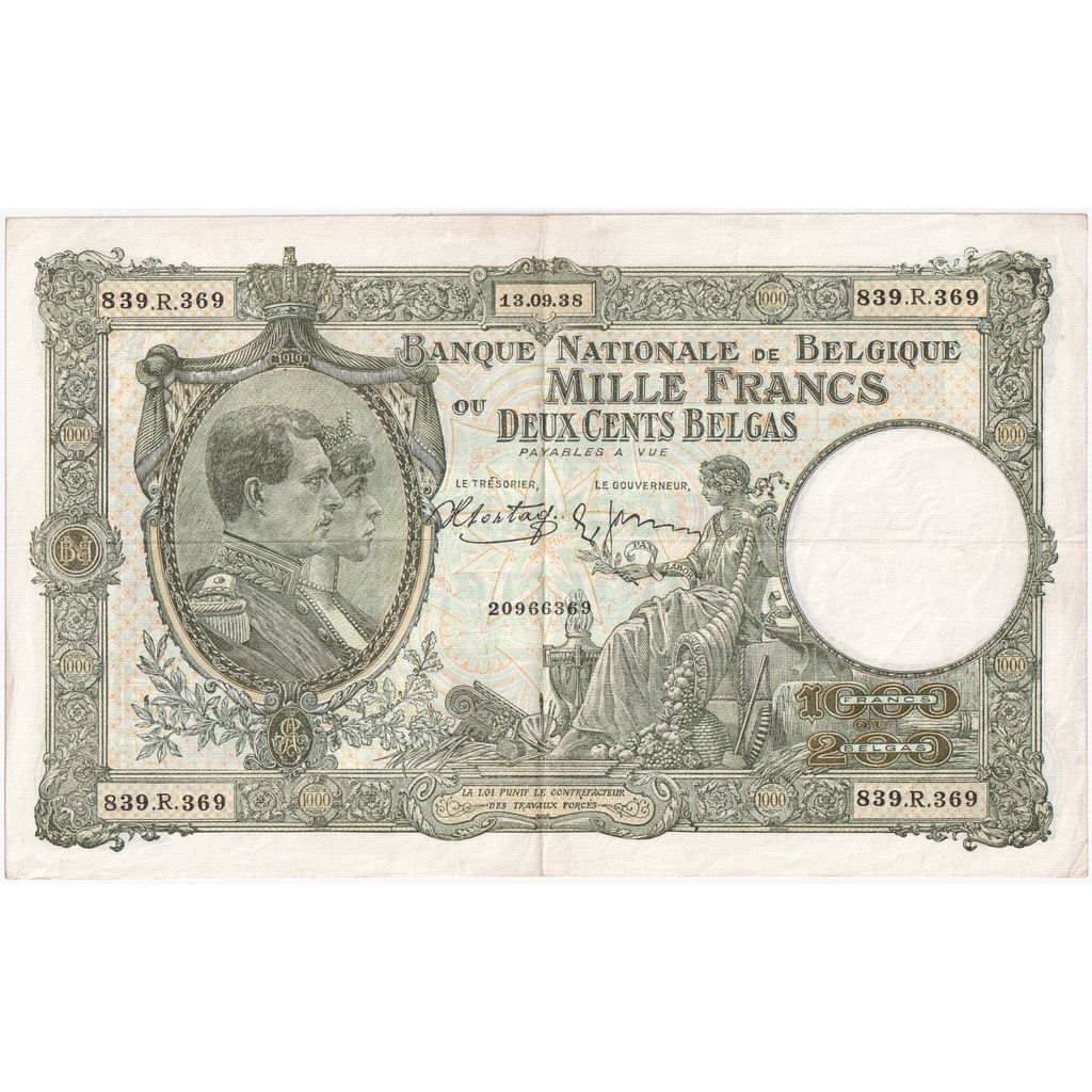 België, 1000 Francs-200 Belgas, 1938-09-13, TTB+