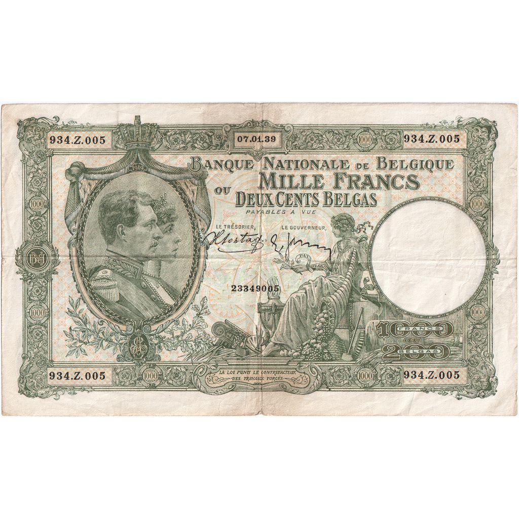 Belgia, 1000 Francs-200 Belgas, 1939-01-07, VF(20-25)