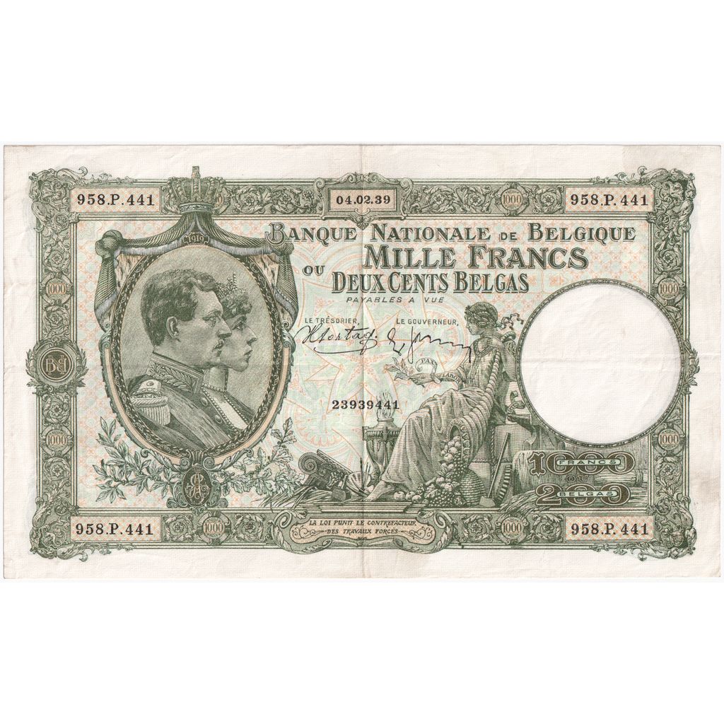 Belgia, 1000 Francs-200 Belgas, 1939-02-04, EF(40-45)