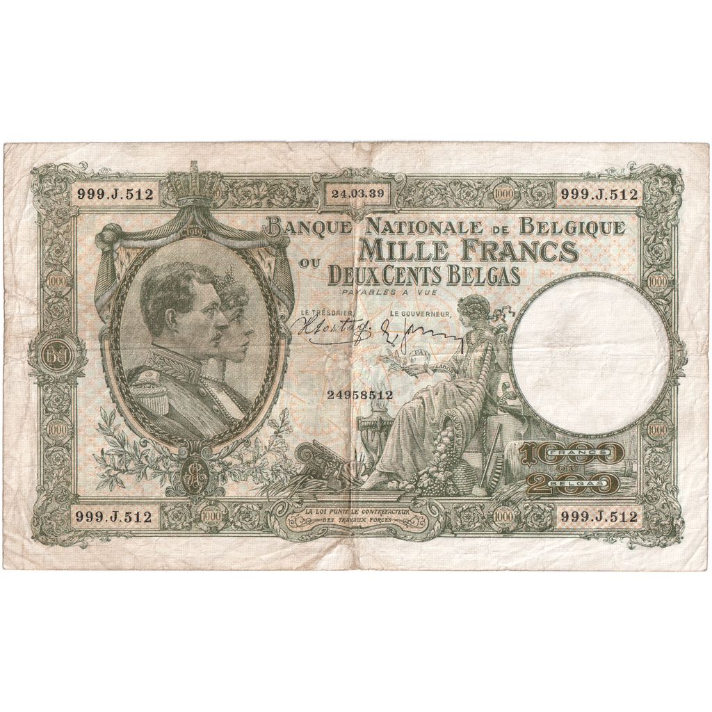 België, 1000 Francs-200 Belgas, 1939-03-24, TB