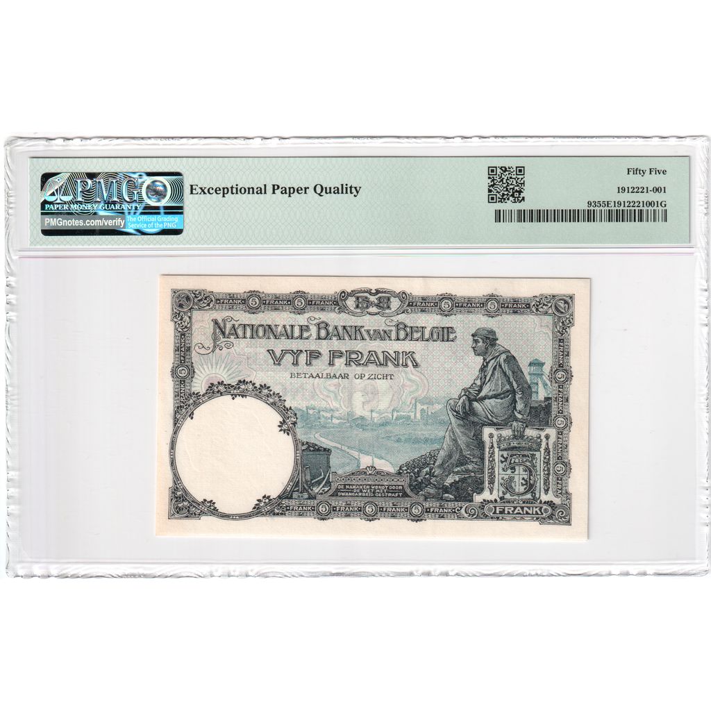 Belgien, 5 Francs, 1925-08-10, AU 55 EPQ, PMG