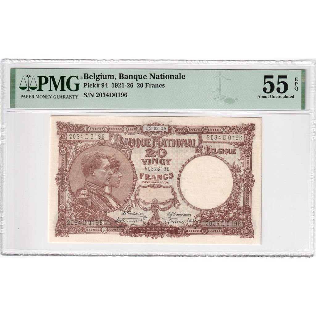 Bélgica, 20 Francs, 1924-03-22, AU 55 EPQ, PMG