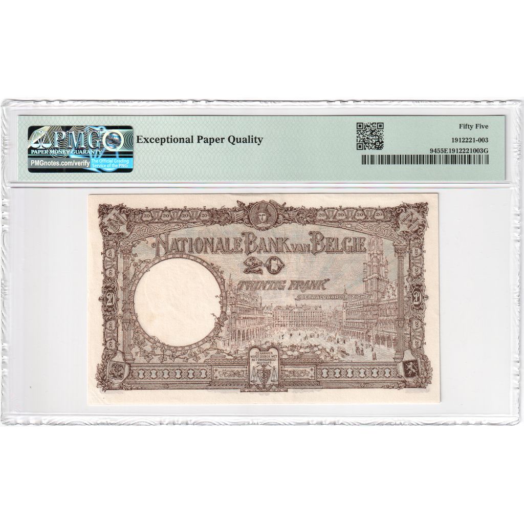 Bélgica, 20 Francs, 1924-03-22, AU 55 EPQ, PMG