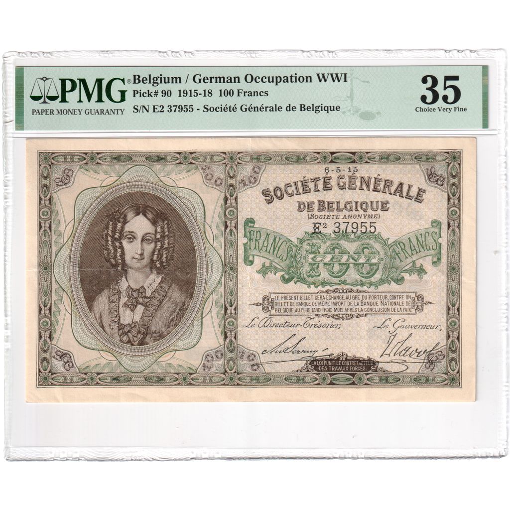 Belgium, 100 Francs, 1915-05-06, German occupation, VF 35, PMG