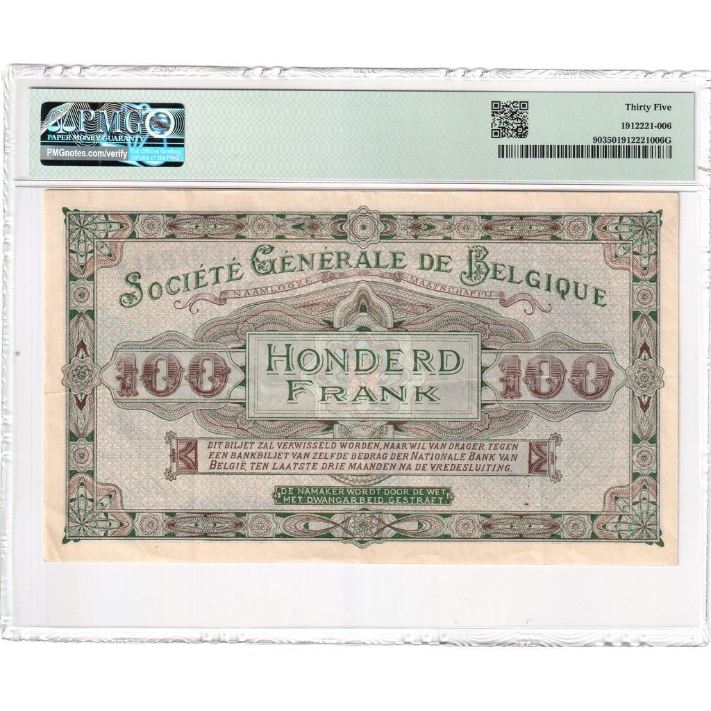 Belgium, 100 Francs, 1915-05-06, German occupation, VF 35, PMG