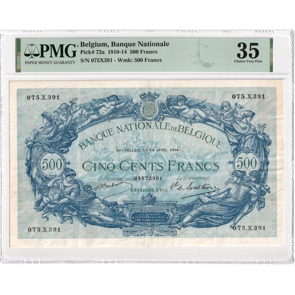 Belgia, 500 Francs, 1914-04-14, VF 35, PMG