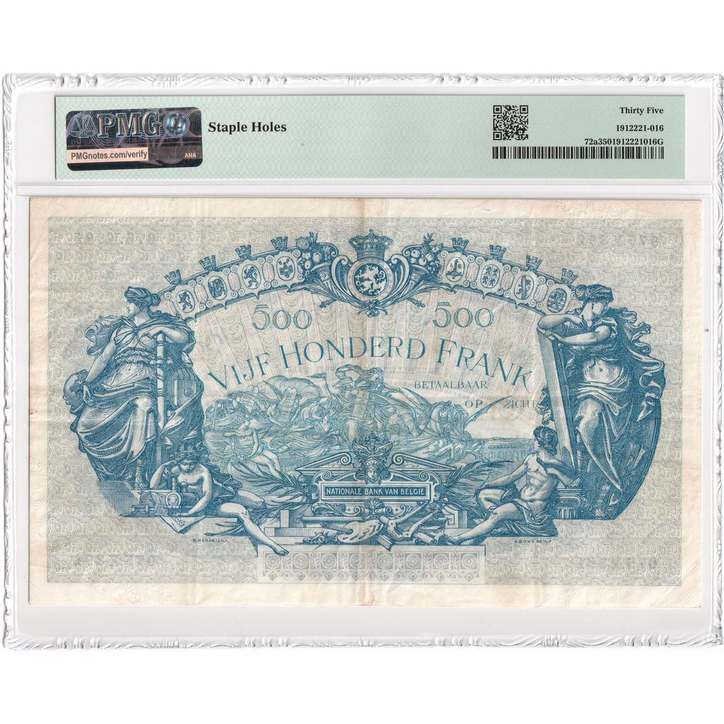 Belgia, 500 Francs, 1914-04-14, VF 35, PMG