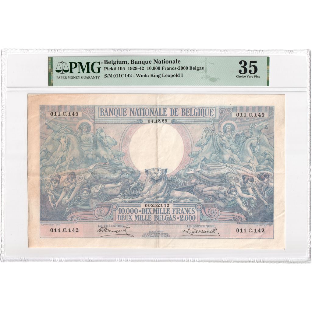 Belgia, 10000 Francs-2000 Belgas, 1929-12-04, VF 35, PMG