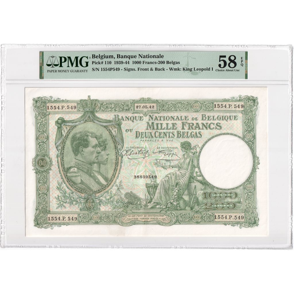 Bélgica, 1000 Francs-200 Belgas, 1942-05-27, Consecutive Numbers, AU 58 EPQ