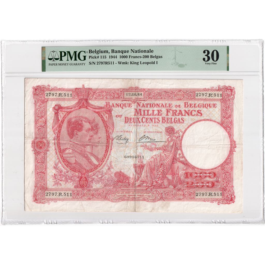 België, 1000 Francs-200 Belgas, 1944-10-12, VF 30, PMG