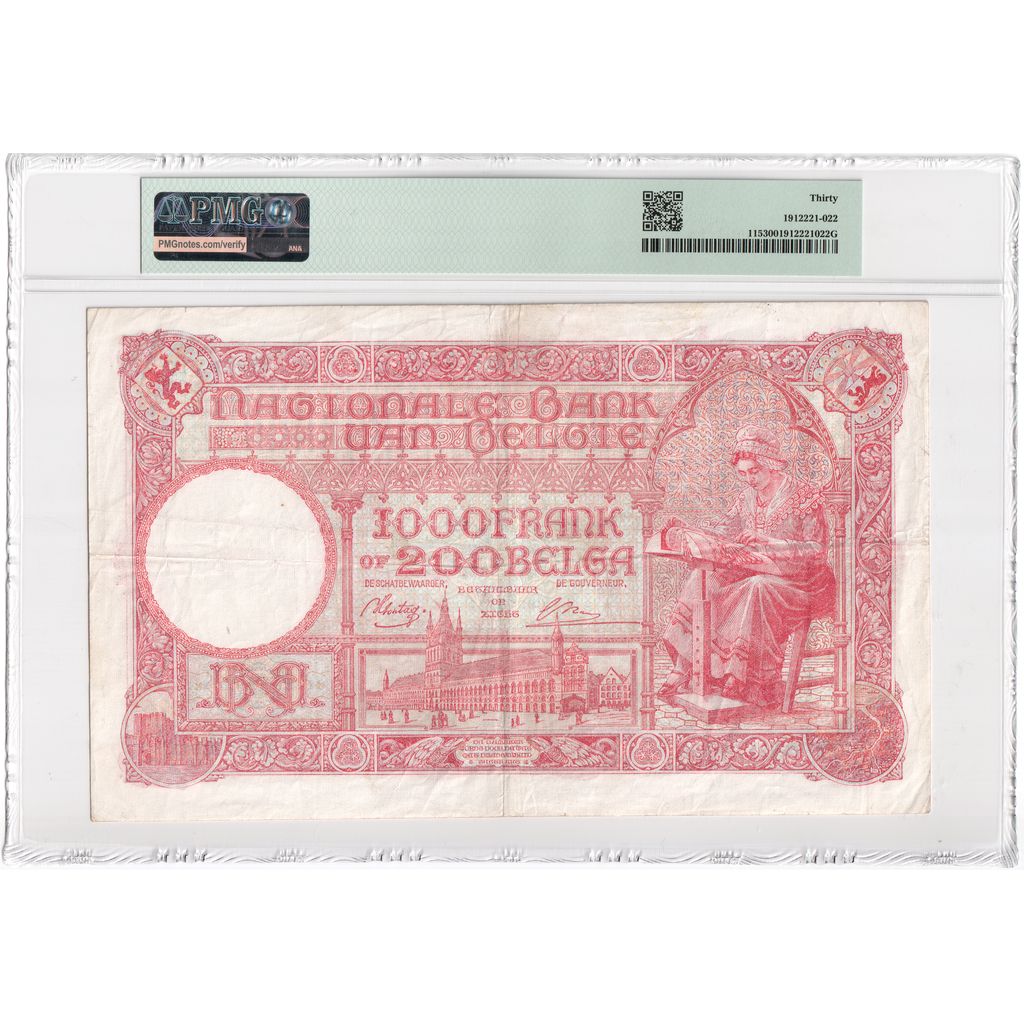 België, 1000 Francs-200 Belgas, 1944-10-12, VF 30, PMG