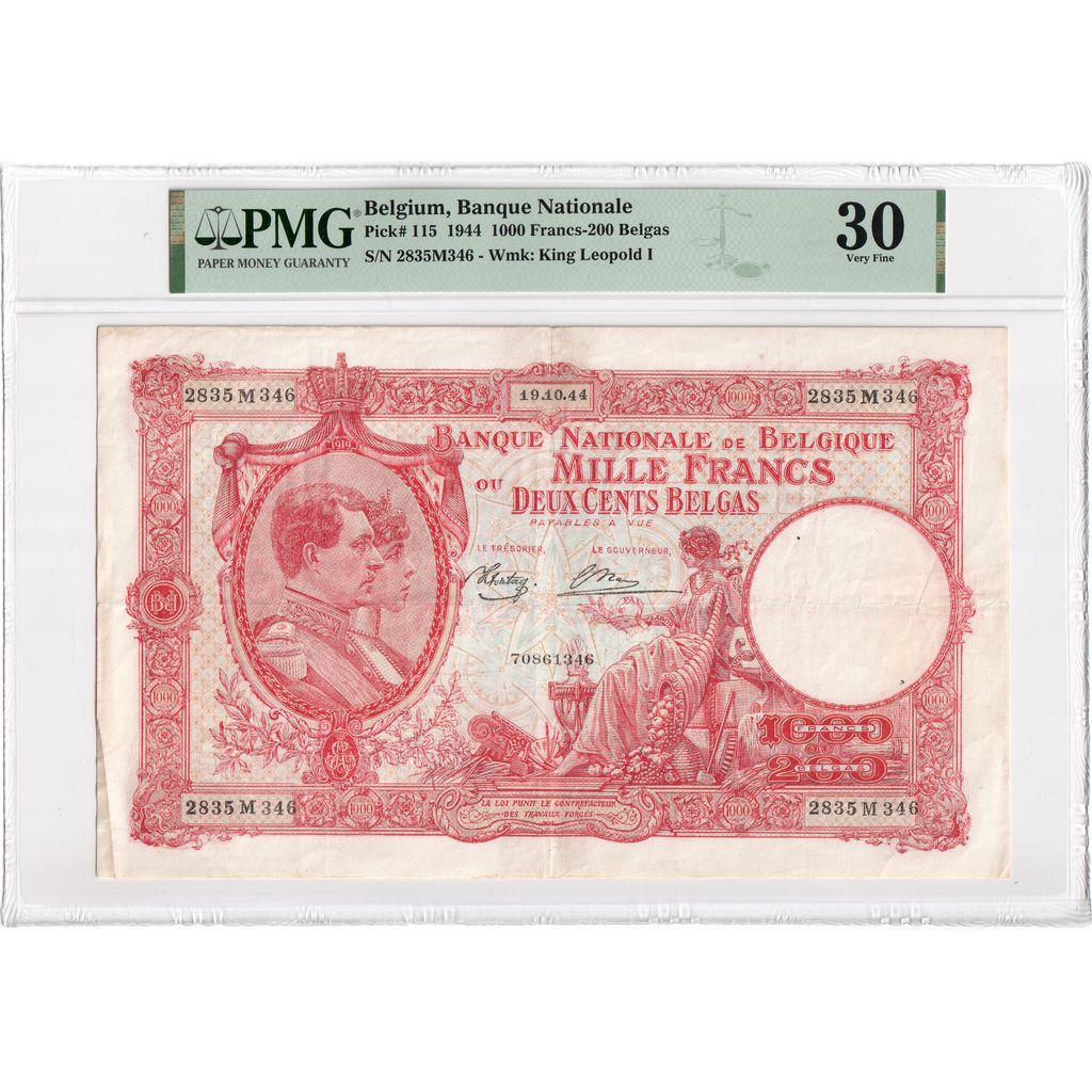 Bélgica, 1000 Francs-200 Belgas, 1944-10-19, VF 30, PMG