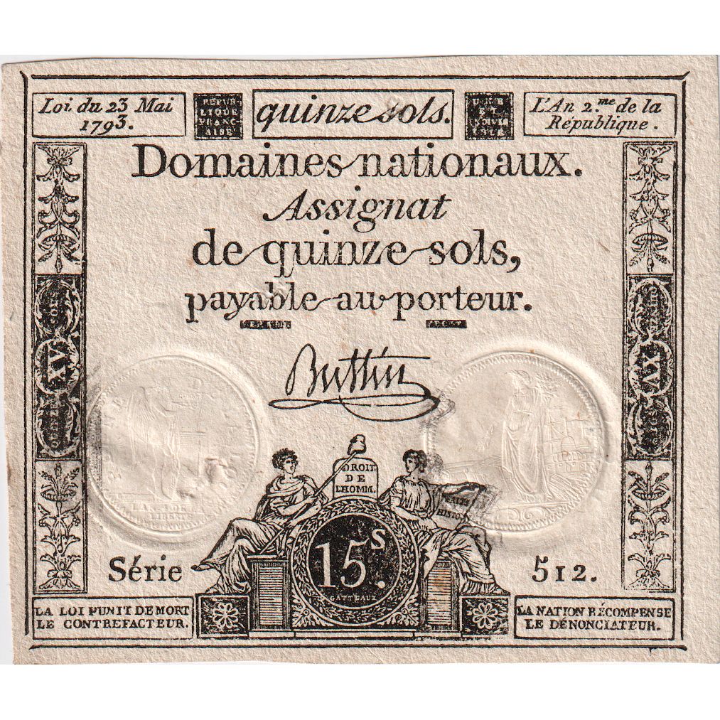 França, 15 Sols, 1793-05-23, 512, Vérificateur, AU(55-58)