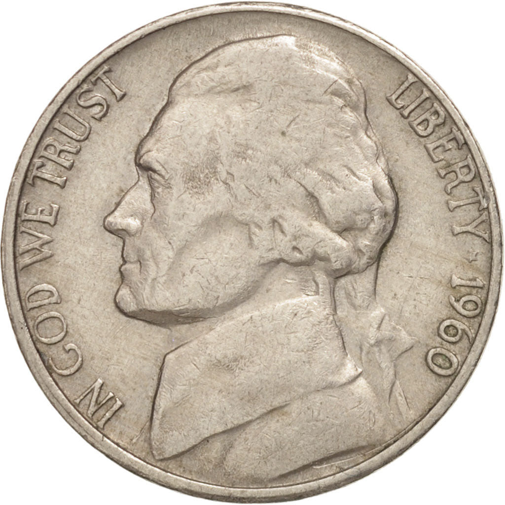 Coin, United States, Jefferson Nickel, 5 Cents, 1960, U.S. Mint, Denver