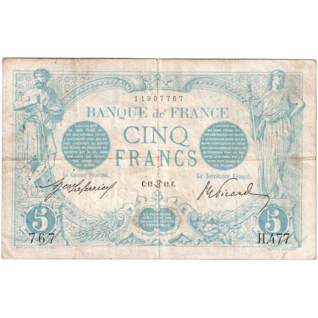 France, 5 Francs, Bleu, 1912-06-12, H.477, VF(30-35)