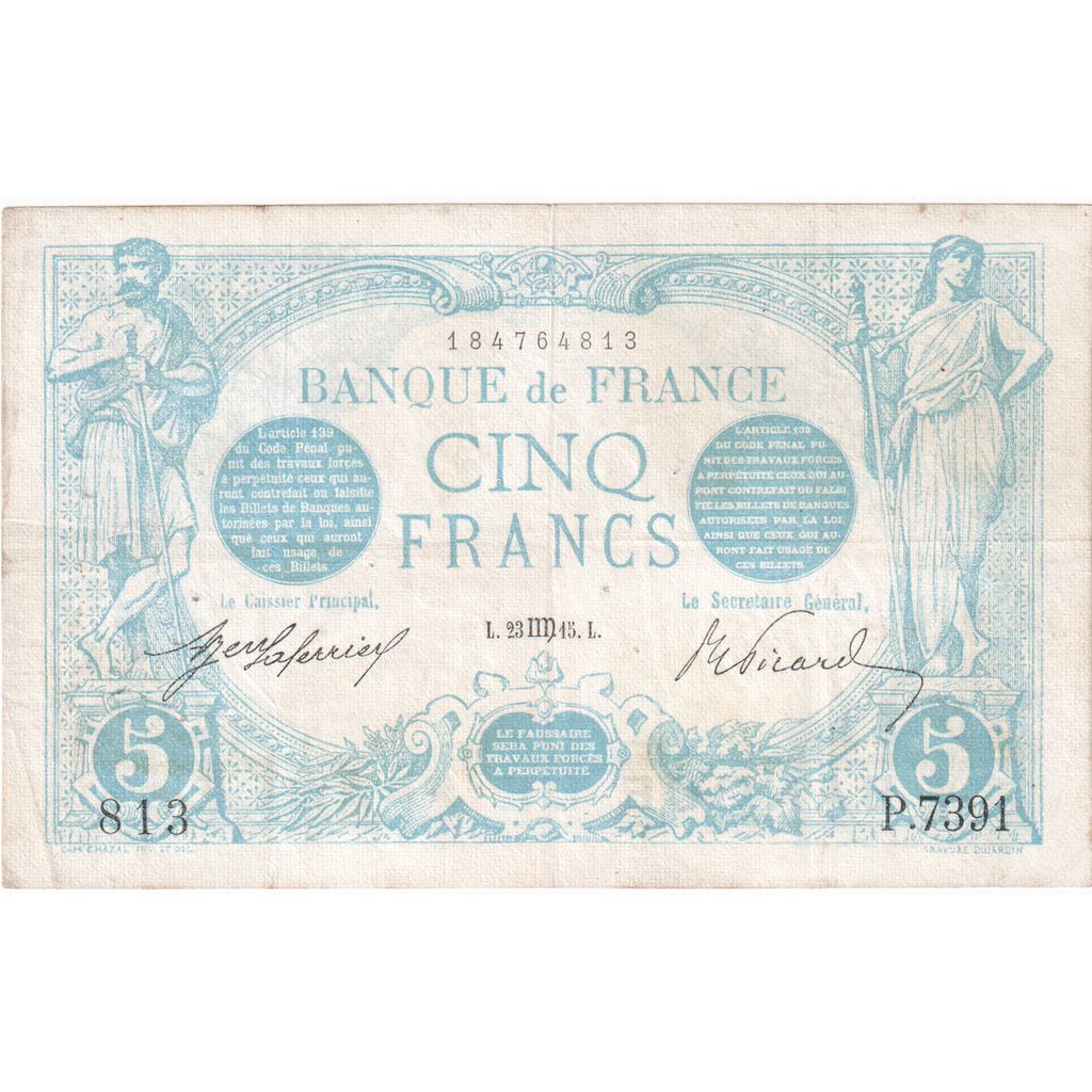 France, 5 Francs, Bleu, 1915-08-23, P.7391, EF(40-45)