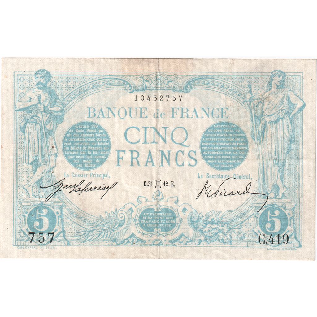 France, 5 Francs, Bleu, 1912-05-31, C.419, EF(40-45)