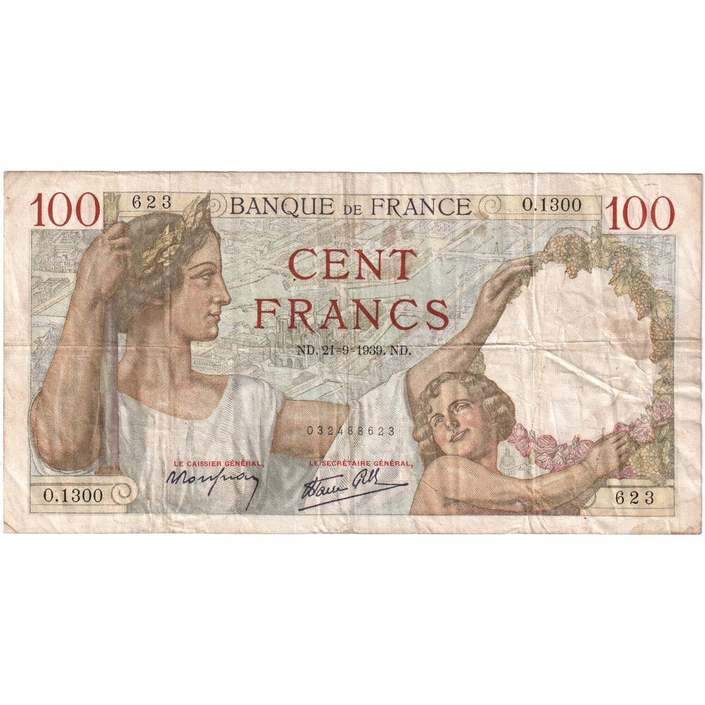 France, 100 Francs, Sully, 1939-09-21, O.1300, VF(20-25)