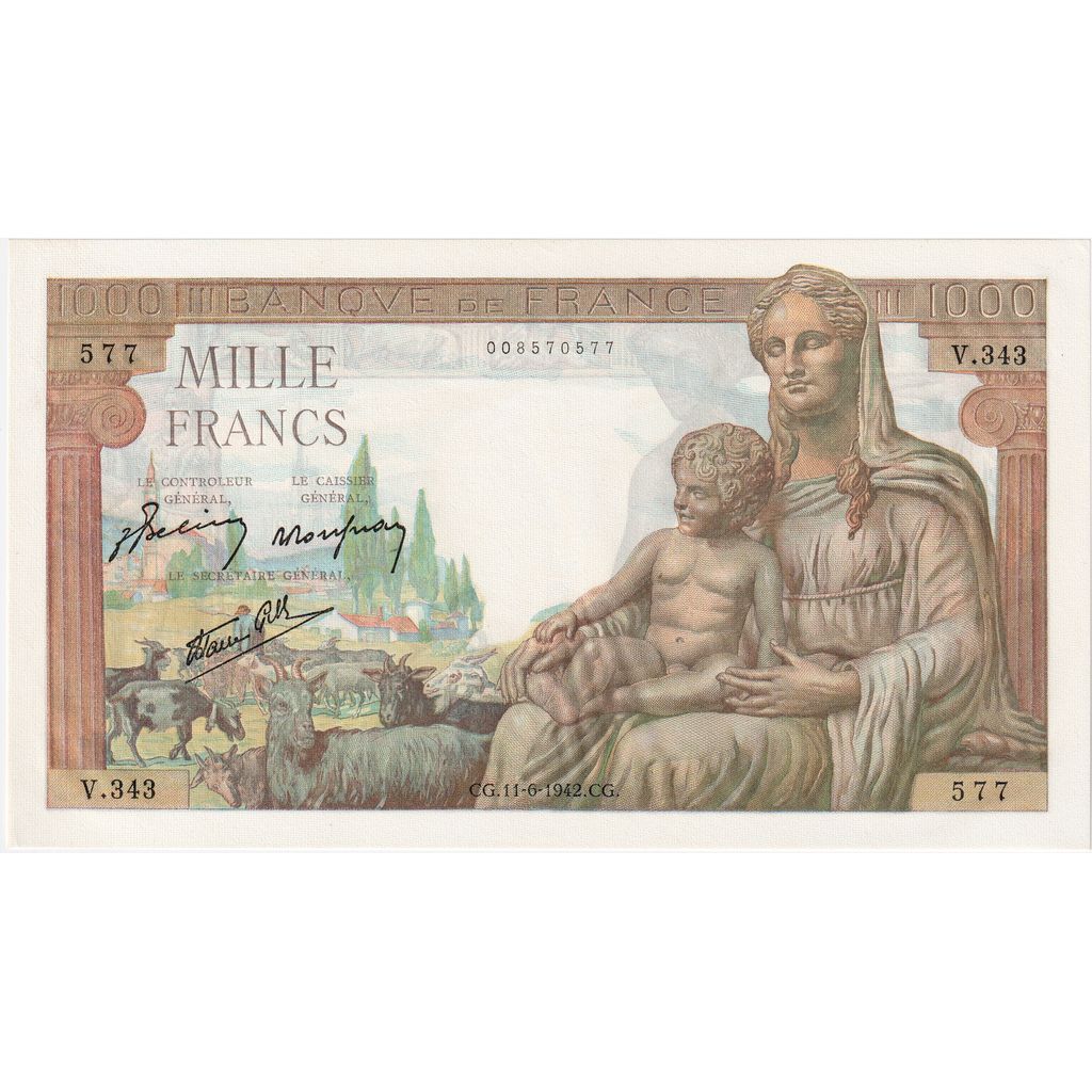 Francia, 1000 Francs, Déesse Déméter, 1942-06-11, V.343, FDS