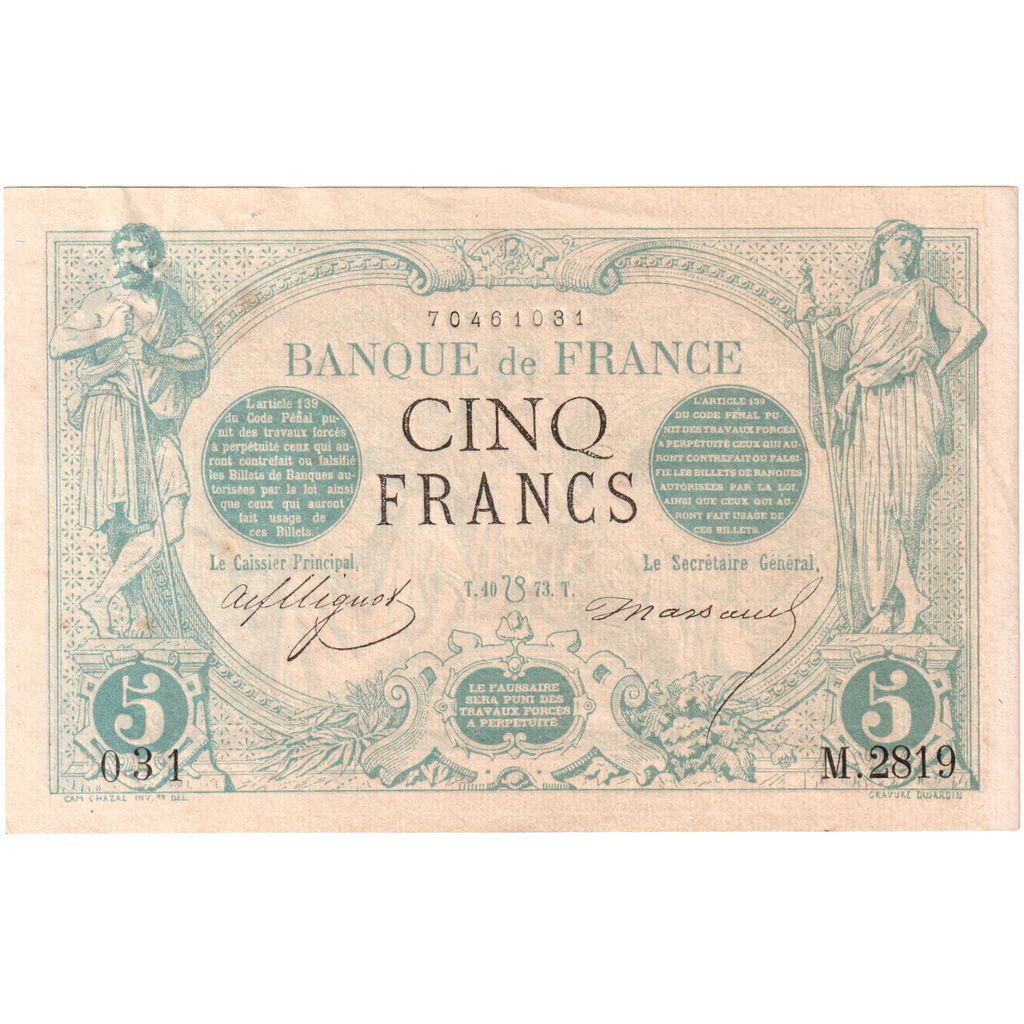 Francia, 5 Francs, Noir, 1873-07-10, M.2819, MBC+