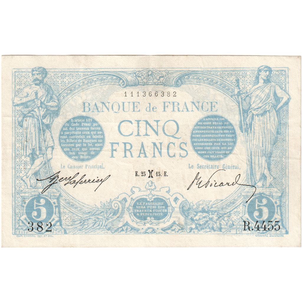 France, 5 Francs, Bleu, 1915-02-25, R.4455, AU(50-53)