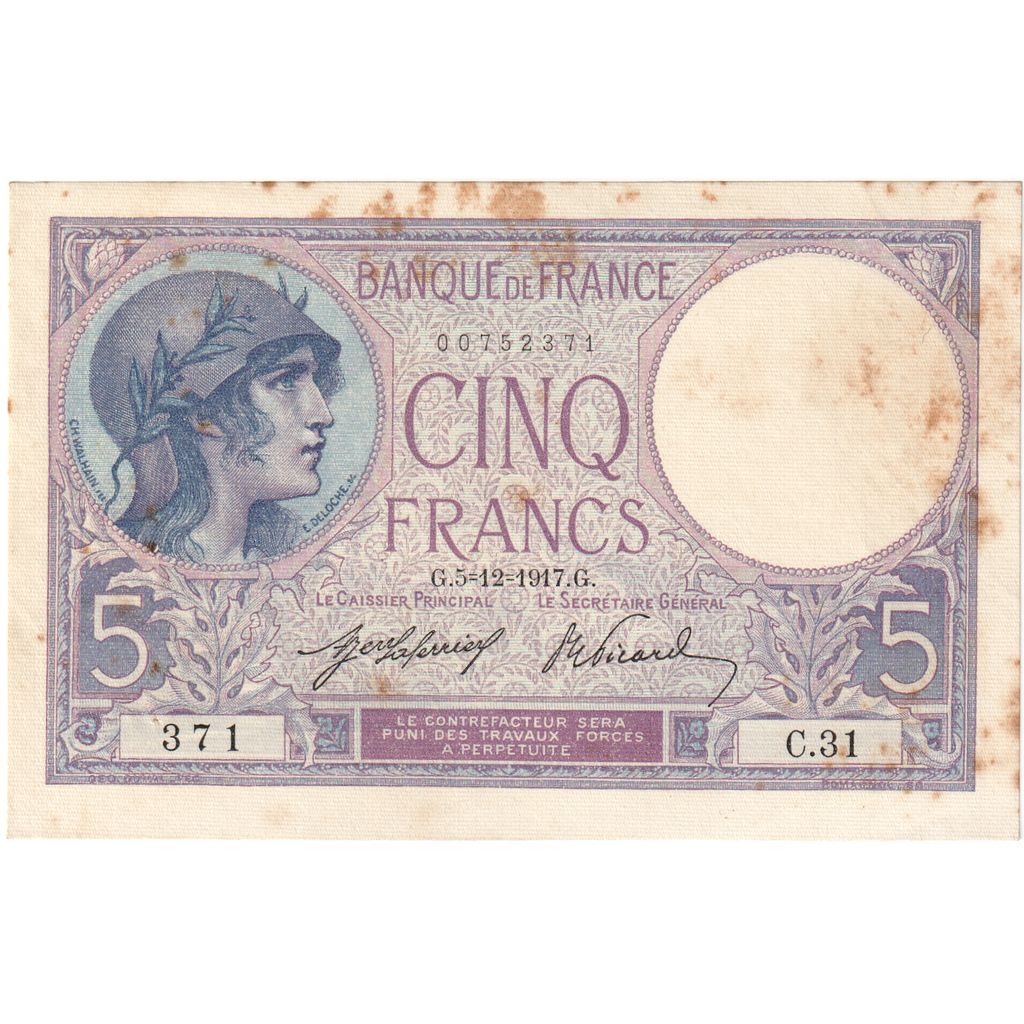Francia, 5 Francs, Violet, 1917-12-05, C.31, SPL-