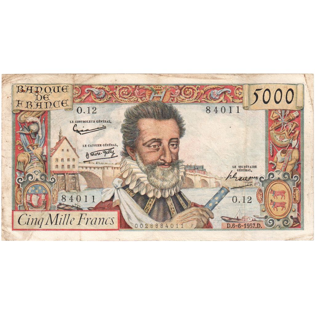 France, 5000 Francs, Henri IV, 1957-06-06, O.12, TB