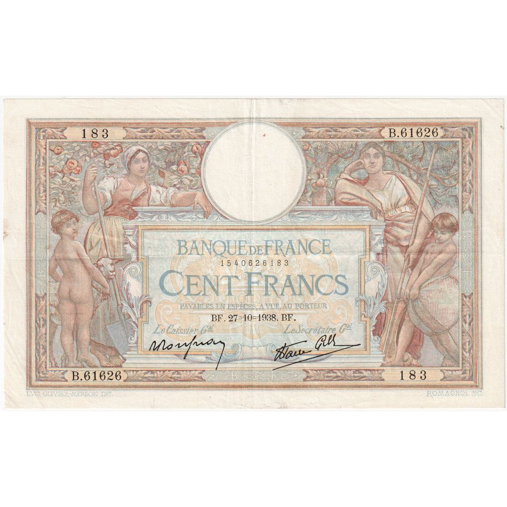 Frankrijk, 100 Francs, Luc Olivier Merson, 1938-10-27, B.61626, TTB+