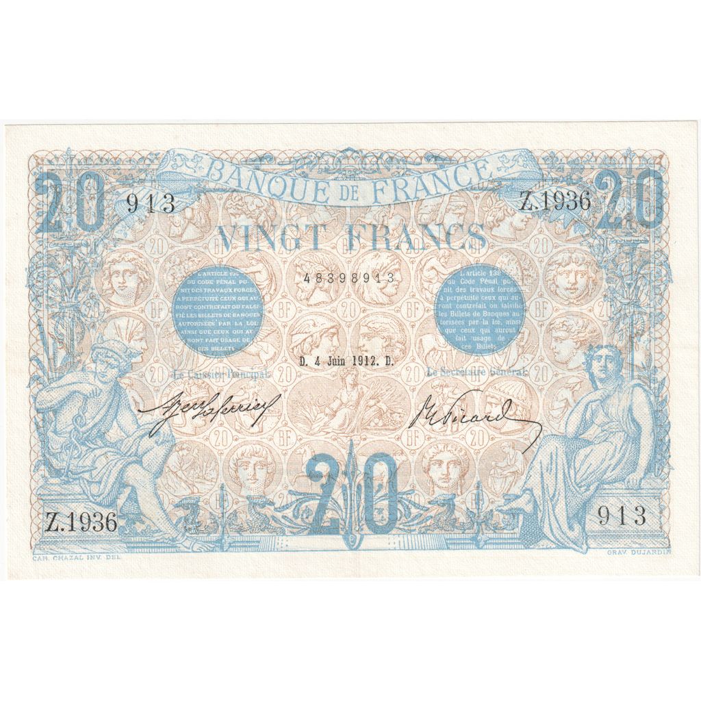 França, 20 Francs, Bleu, 1912-06-04, Z.1936, UNC(60-62)