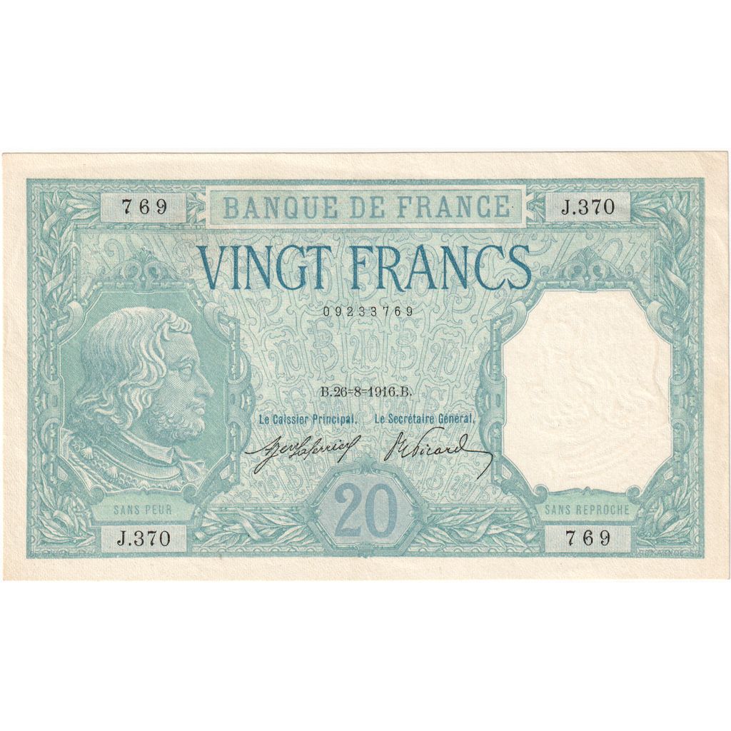 Francia, 20 Francs, Bayard, 1916-08-26, J.370, SPL