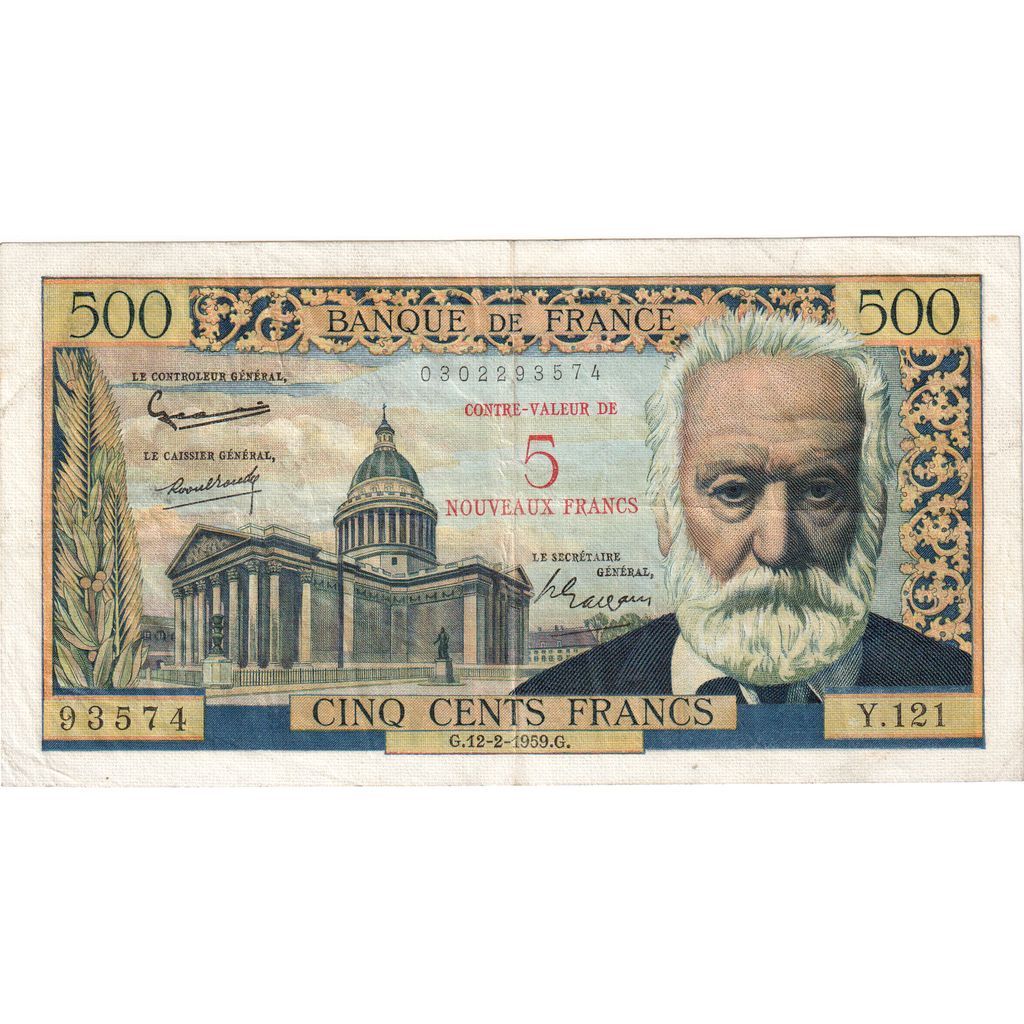 Francia, 5 Nouveaux Francs on 500 Francs, Victor Hugo, 1959-02-12, Y.121, BB