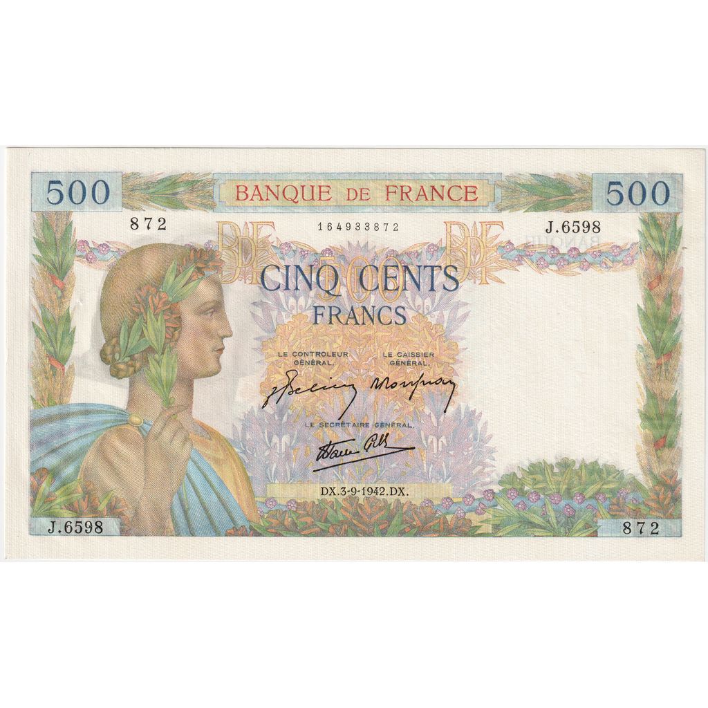 Francia, 500 Francs, La Paix, 1942-09-03, J.6598, SPL