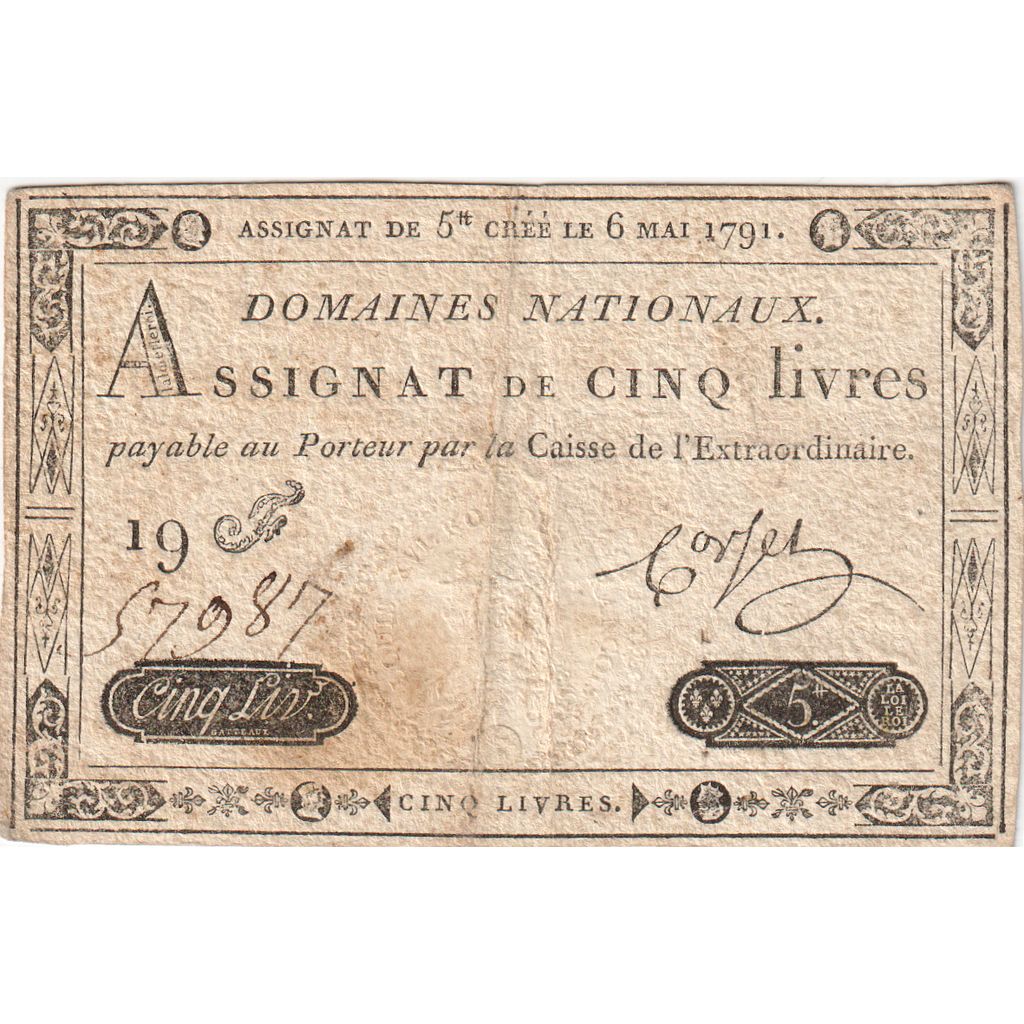 France, 5 Livres, 1791-05-06, 19F, VF(20-25)