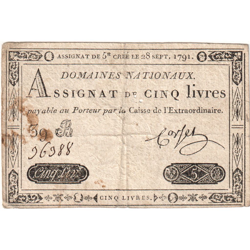 França, 5 Livres, 1791-09-28, 39B, VF(20-25)
