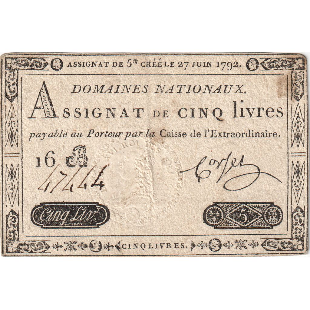 France, 5 Livres, 1792-06-27, 16B, VF(30-35)