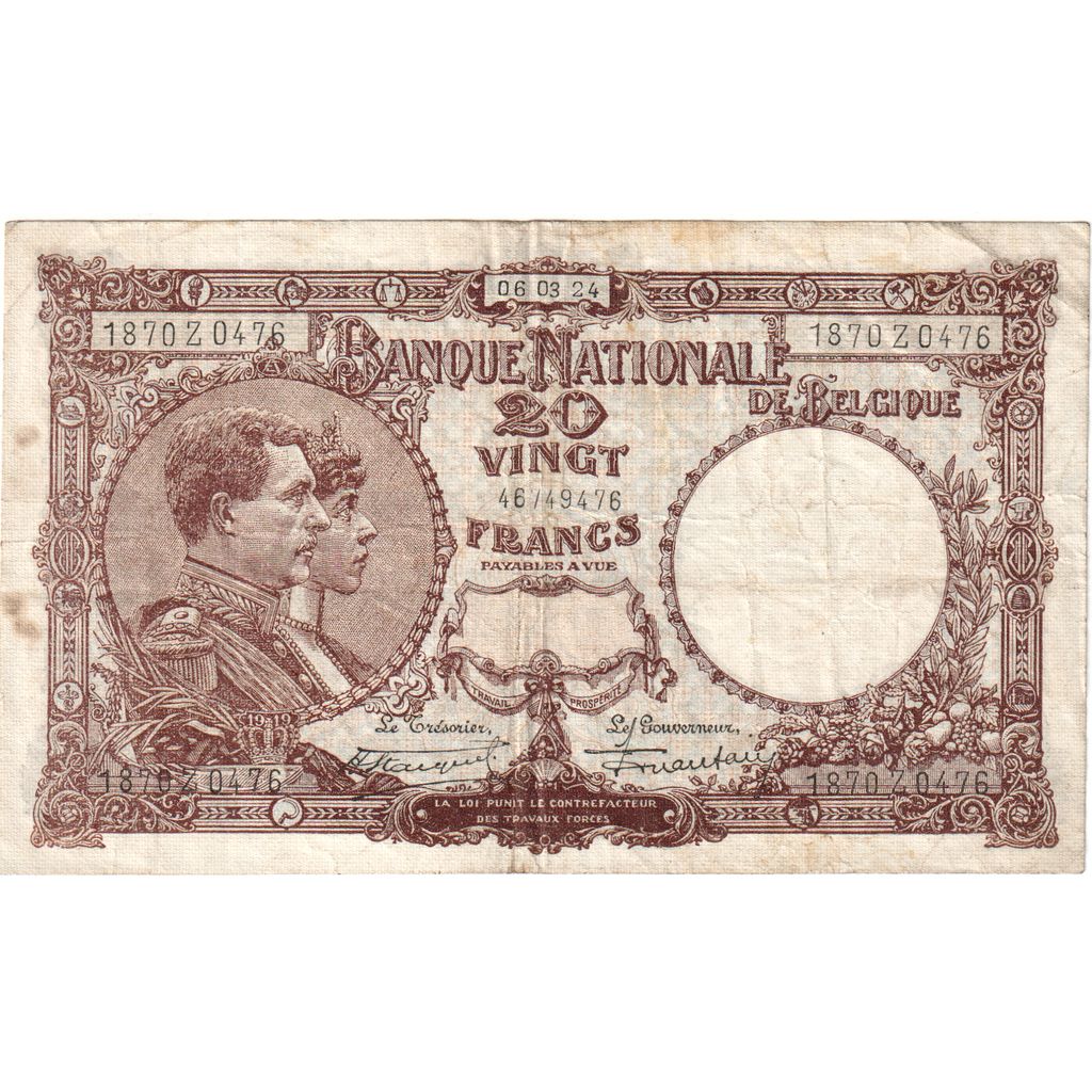 Belgique, 20 Francs, 1924-03-06, TB