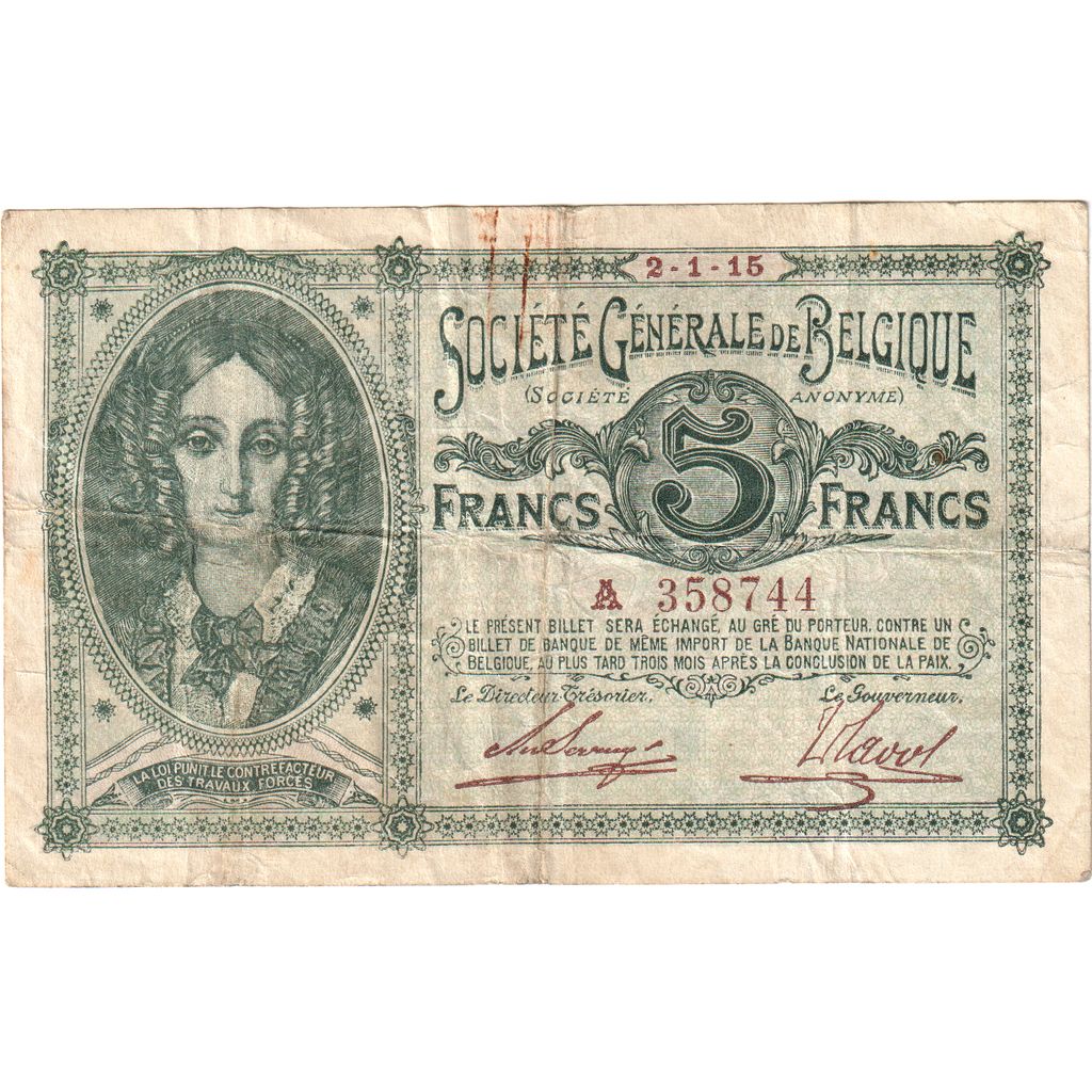 Bélgica, 5 Francs, 1915-01-02, VF(20-25)