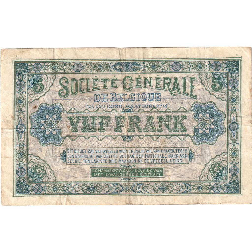 Bélgica, 5 Francs, 1915-01-02, VF(20-25)