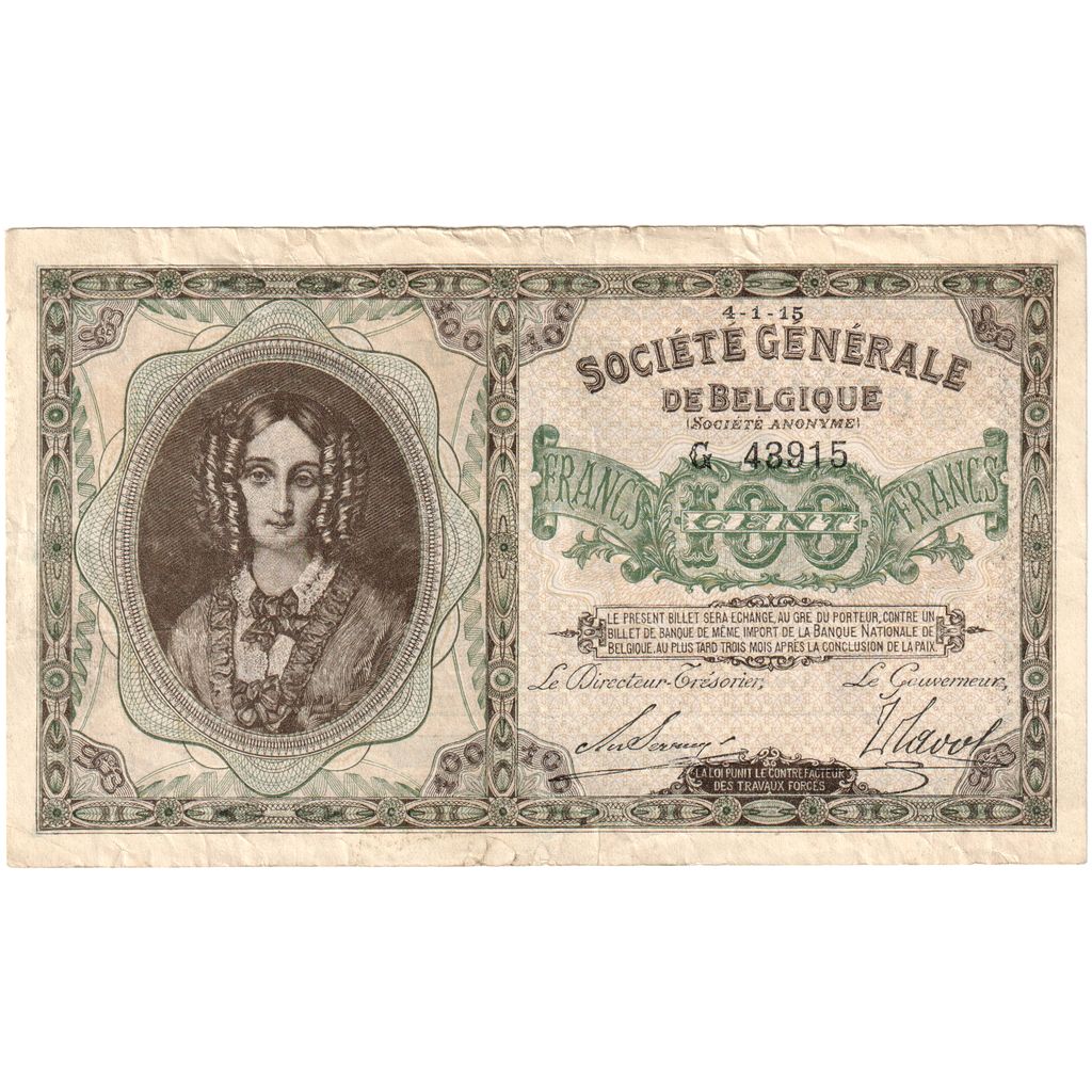 Bélgica, 100 Francs, 1915-01-04, EF(40-45)