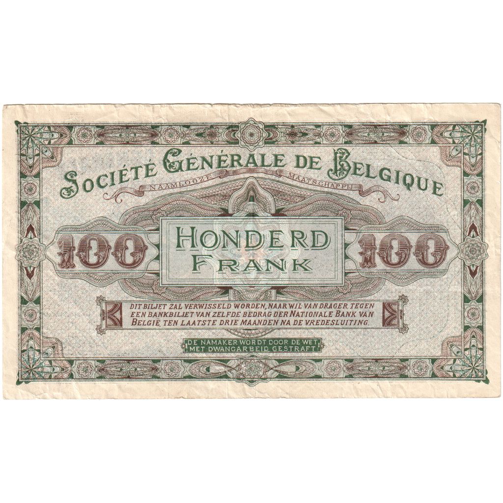Bélgica, 100 Francs, 1915-01-04, EF(40-45)