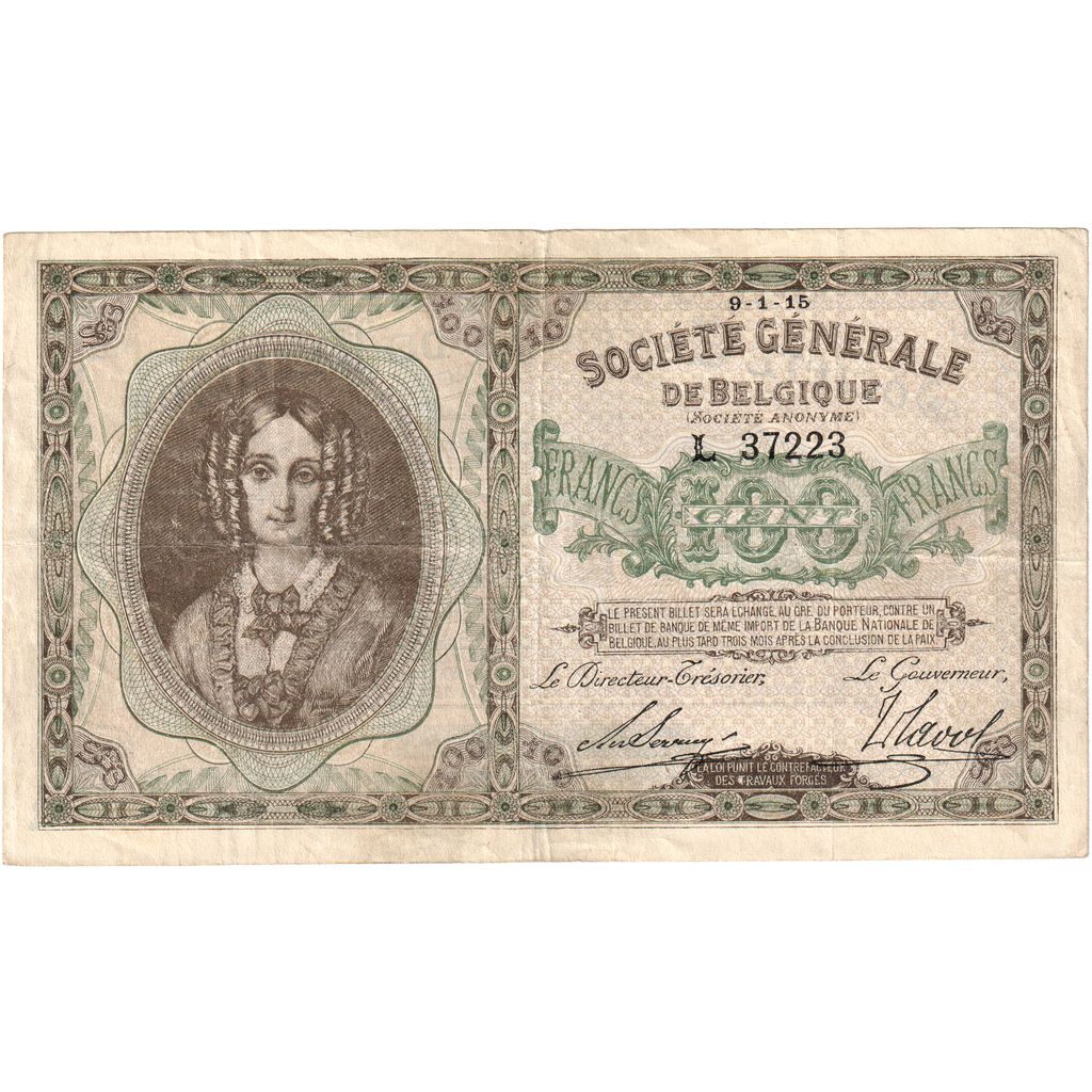Bélgica, 100 Francs, 1915-01-09, EF(40-45)