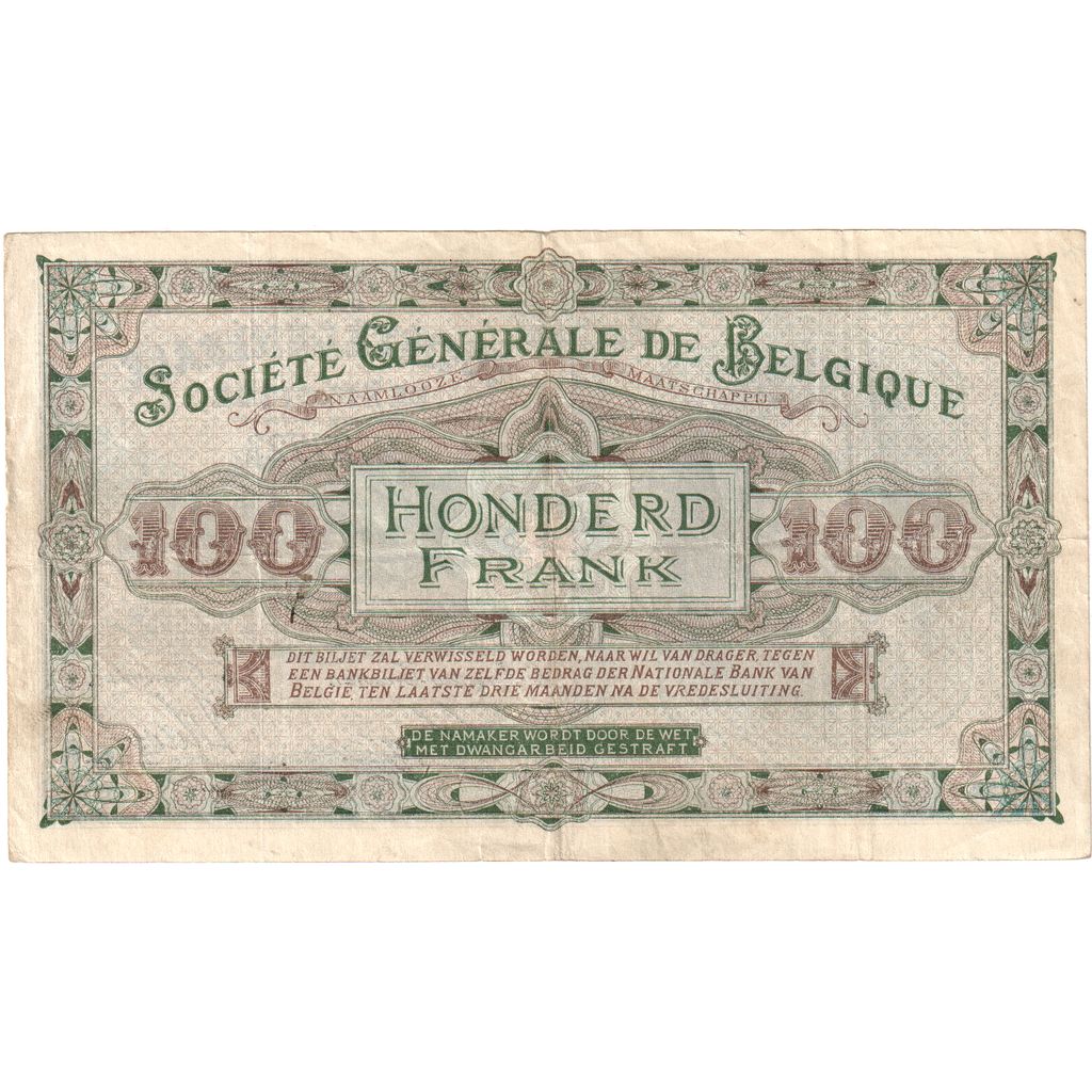 Bélgica, 100 Francs, 1915-01-09, EF(40-45)